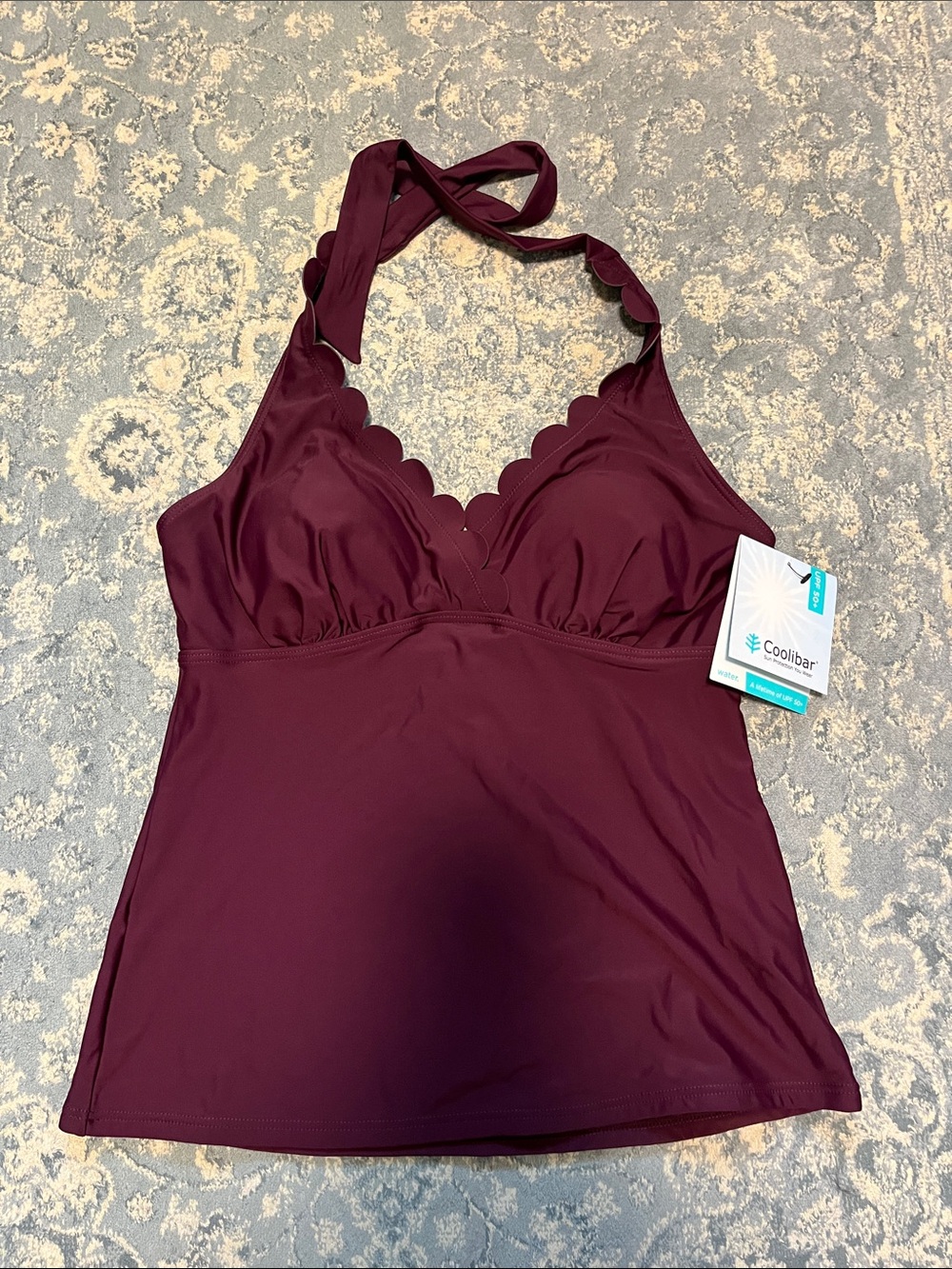 Coolibar Women's Deep Burgundy Scalloped Halter Tankini Top